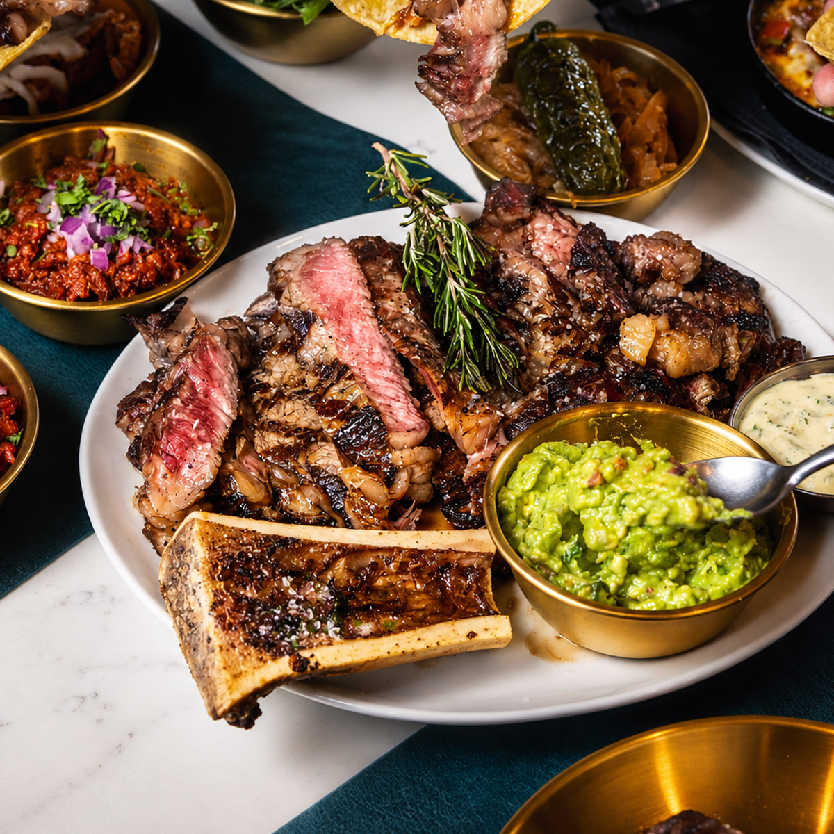 grandson-steaks-family-fest-rib-eye-steak-adobada-birria-quesadillas-guacamole-refried-beans-onions-peppers-tortillas